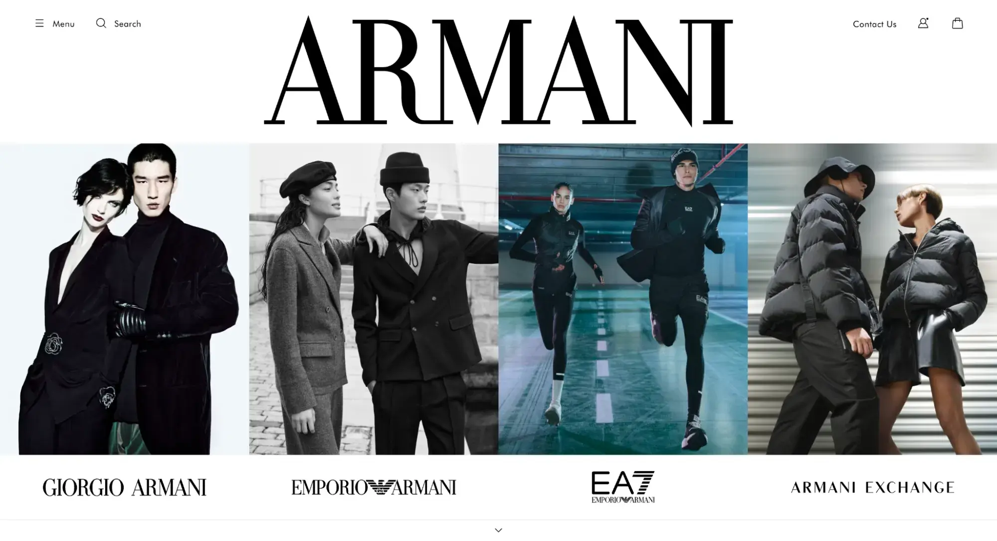 Luxury websites: Armani’s homepage shows four images of models sporting the brand’s clothing.