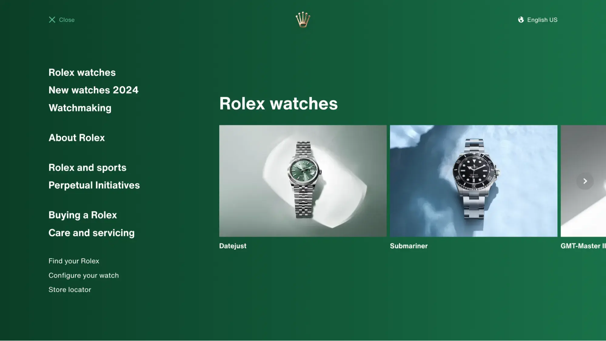 Full-screen menu from Rolex’s website that shows images of its watches