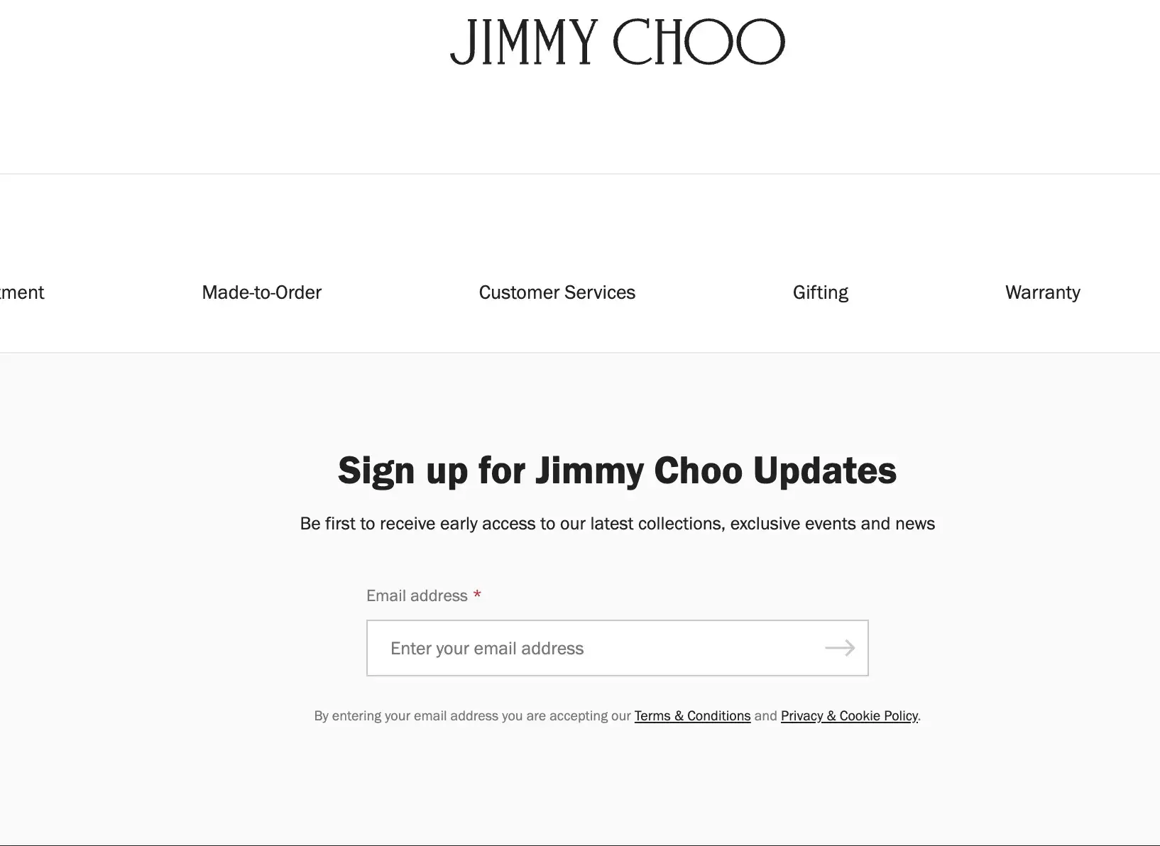 Jimmy Choo’s luxury website design with an email subscription form