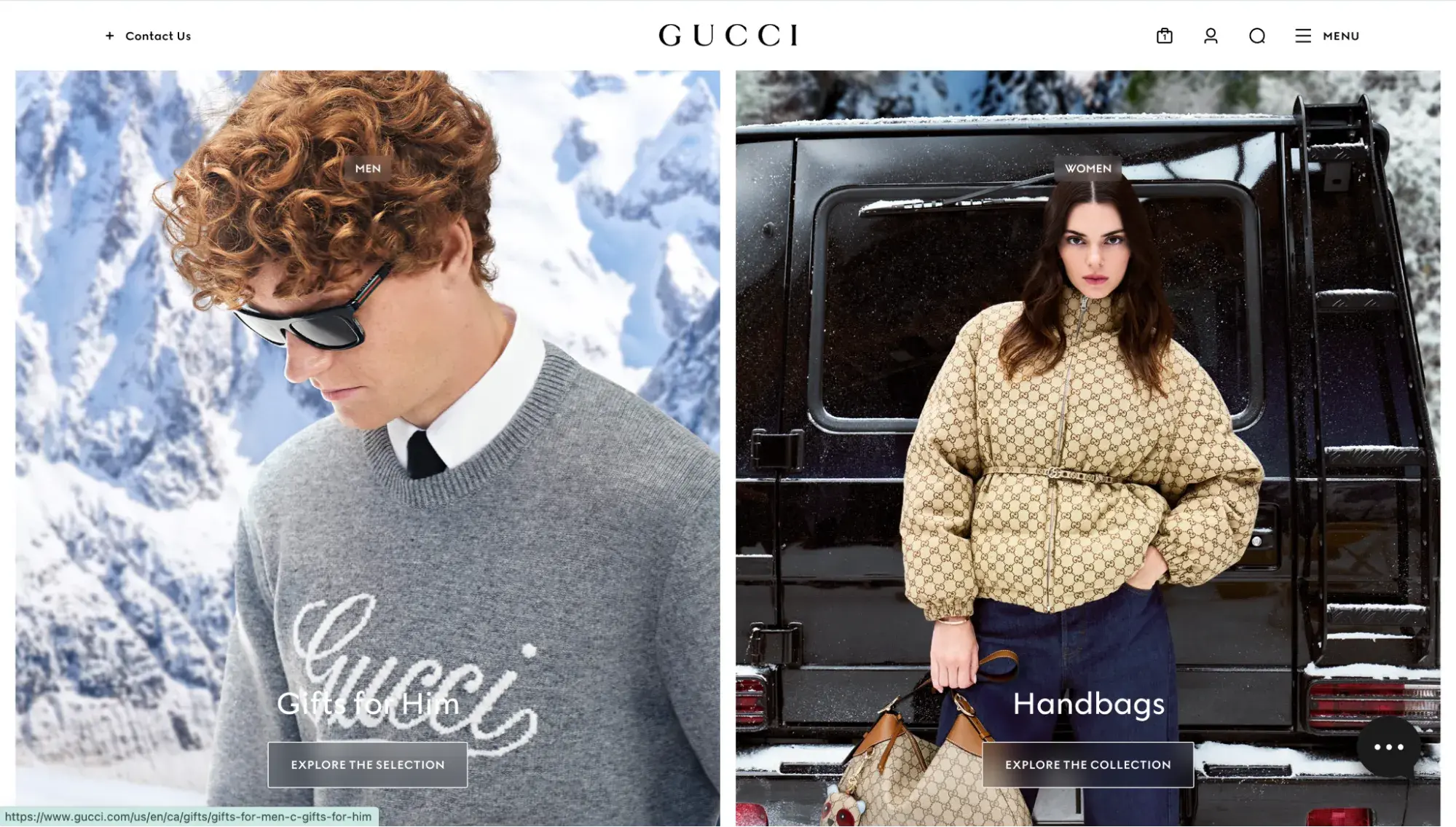 Luxury ecommerce website Gucci shows two models wearing the brand’s clothing and accessories