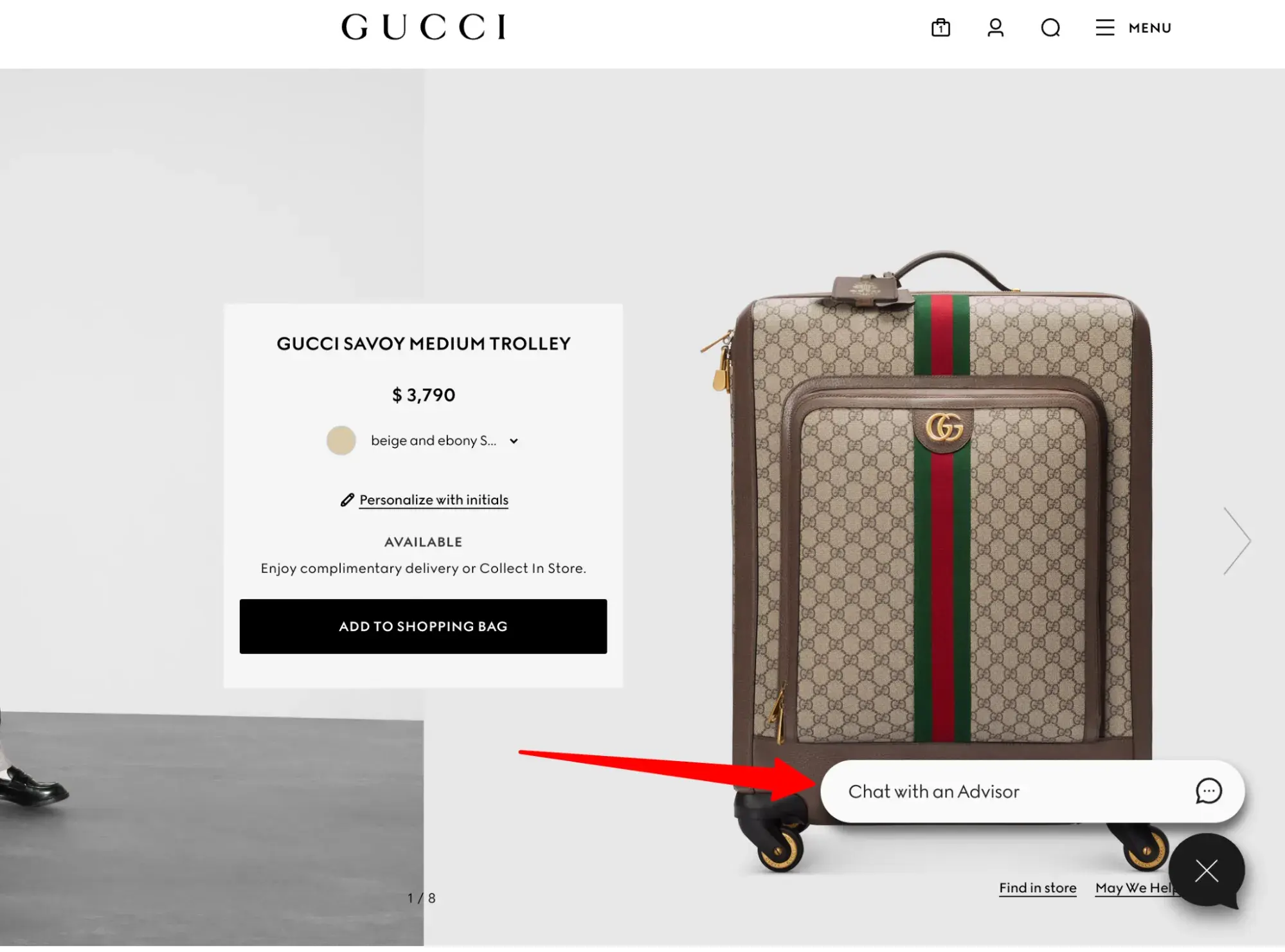 Luxury ecommerce websites example: Gucci uses a chatbot to answer questions on its sales page