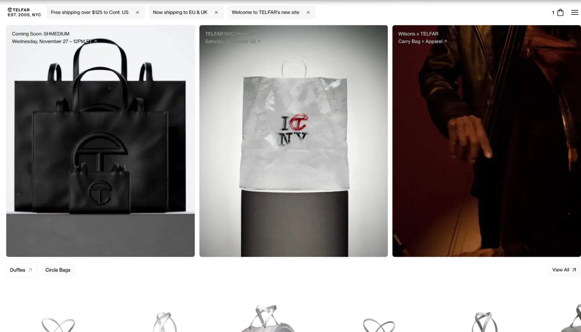 Luxury ecommerce websites example Telfar features a triple-columned image layout