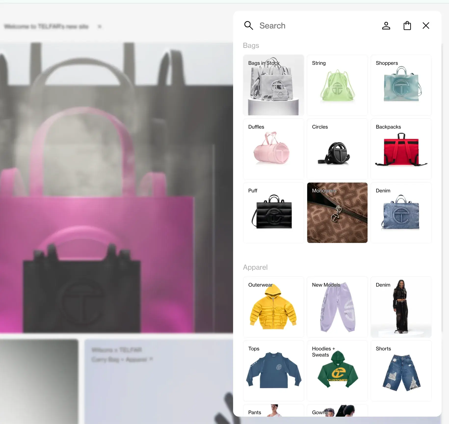 Telfar website’s vertical menu made up of product images