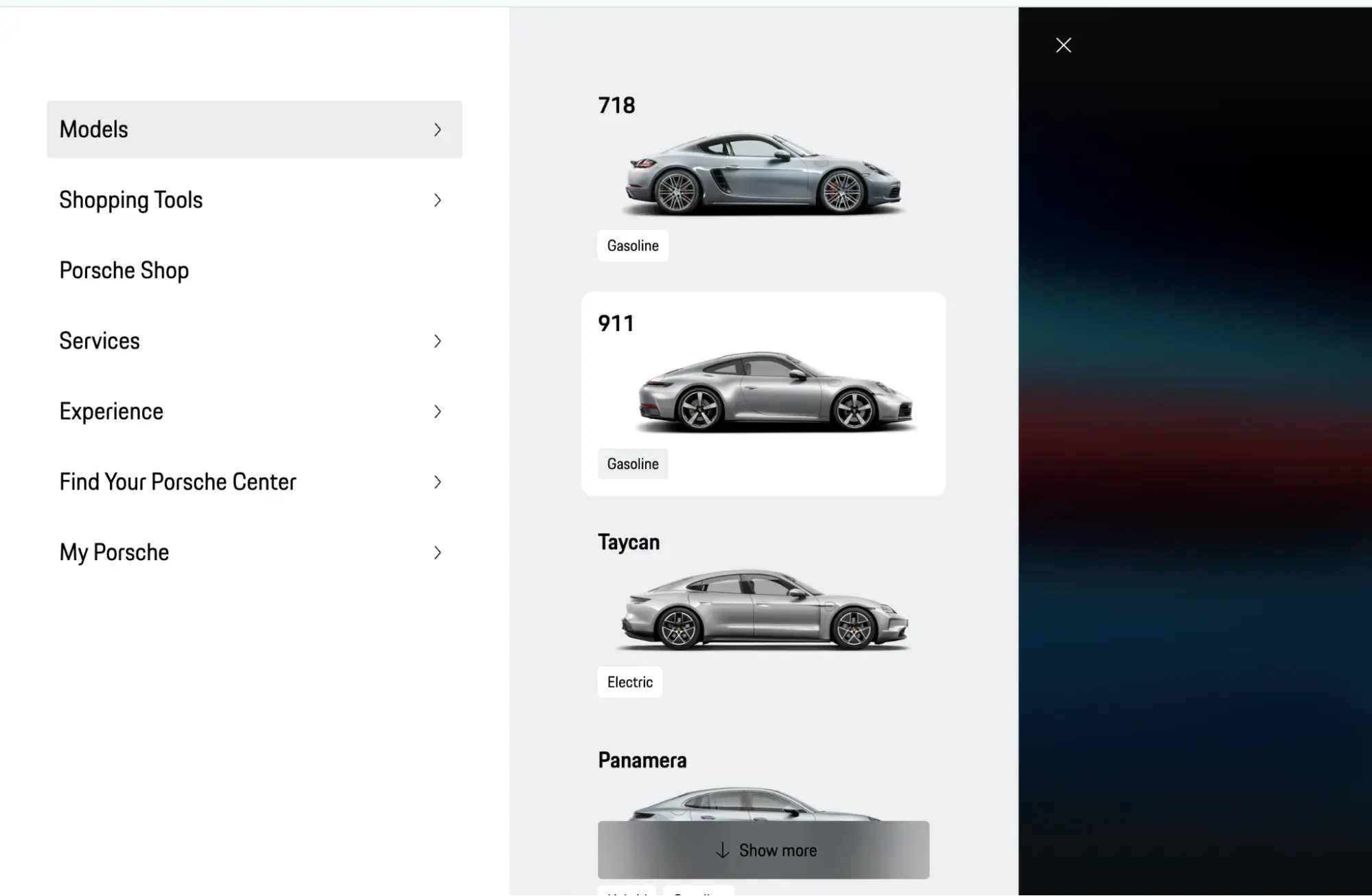 The Porsche website’s menu with thumbnail images showing its various car models