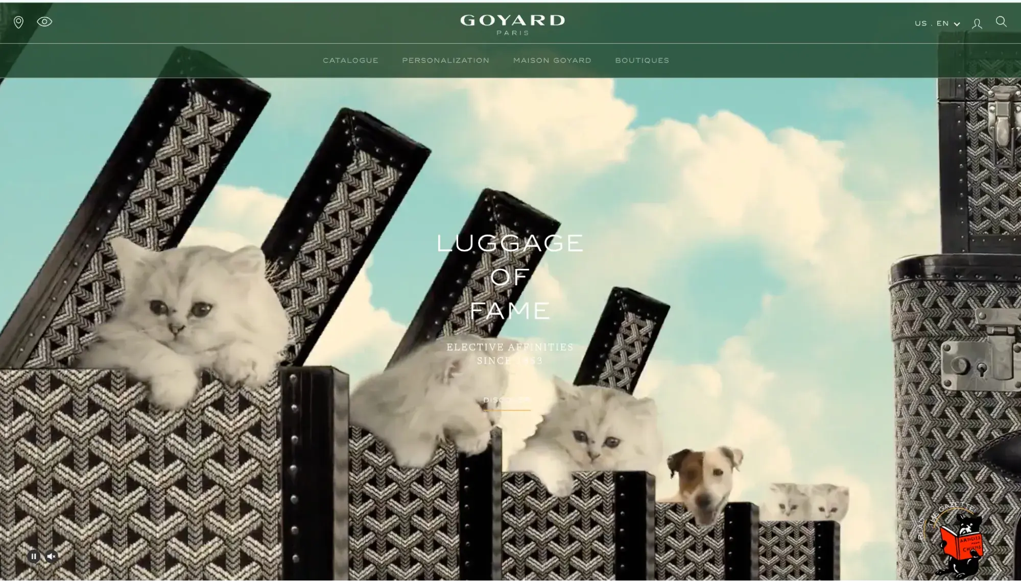 Luxury websites: Goyard’s website shows the company's signature trunk bags with white kittens and a dog inside