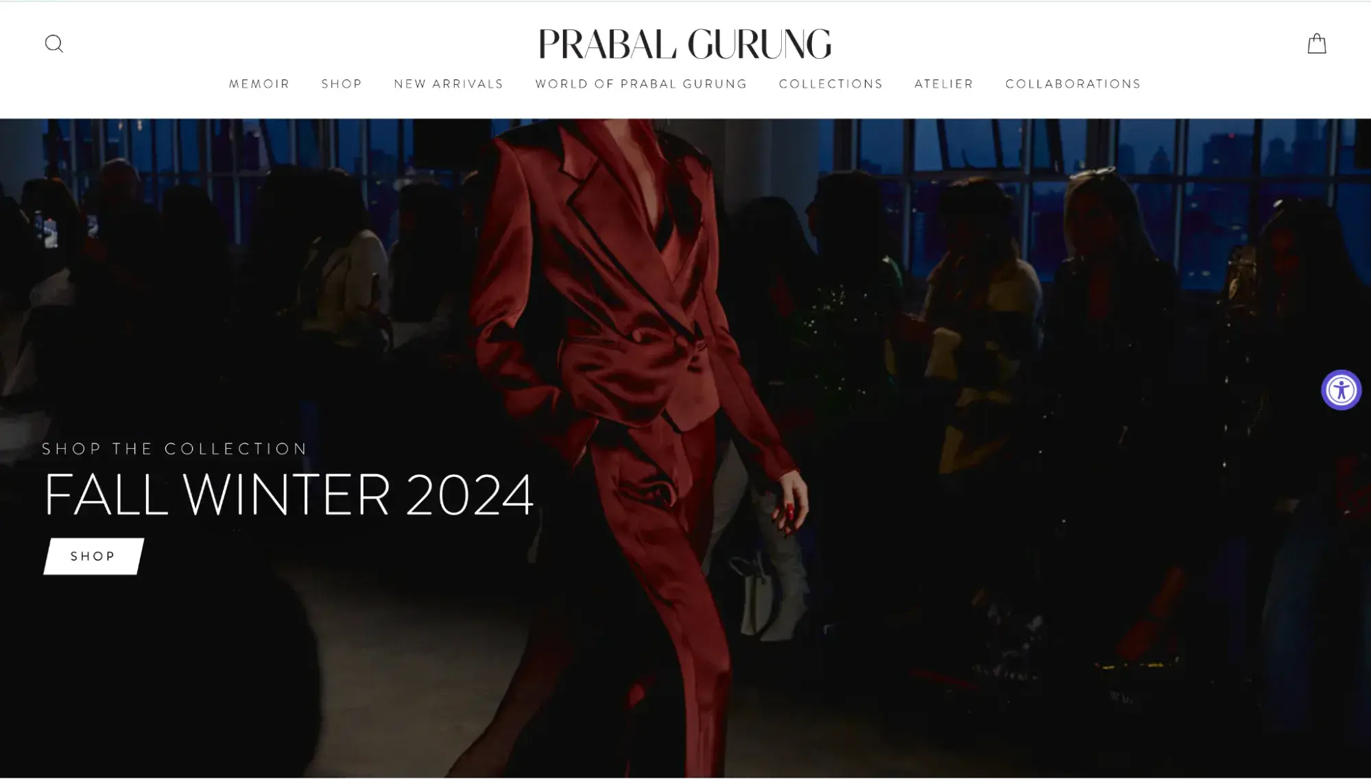 Luxury websites: Prabal Gurung’s homepage shows a closeup of a garment and invites visitors to shop the Fall Winter 2024 collection