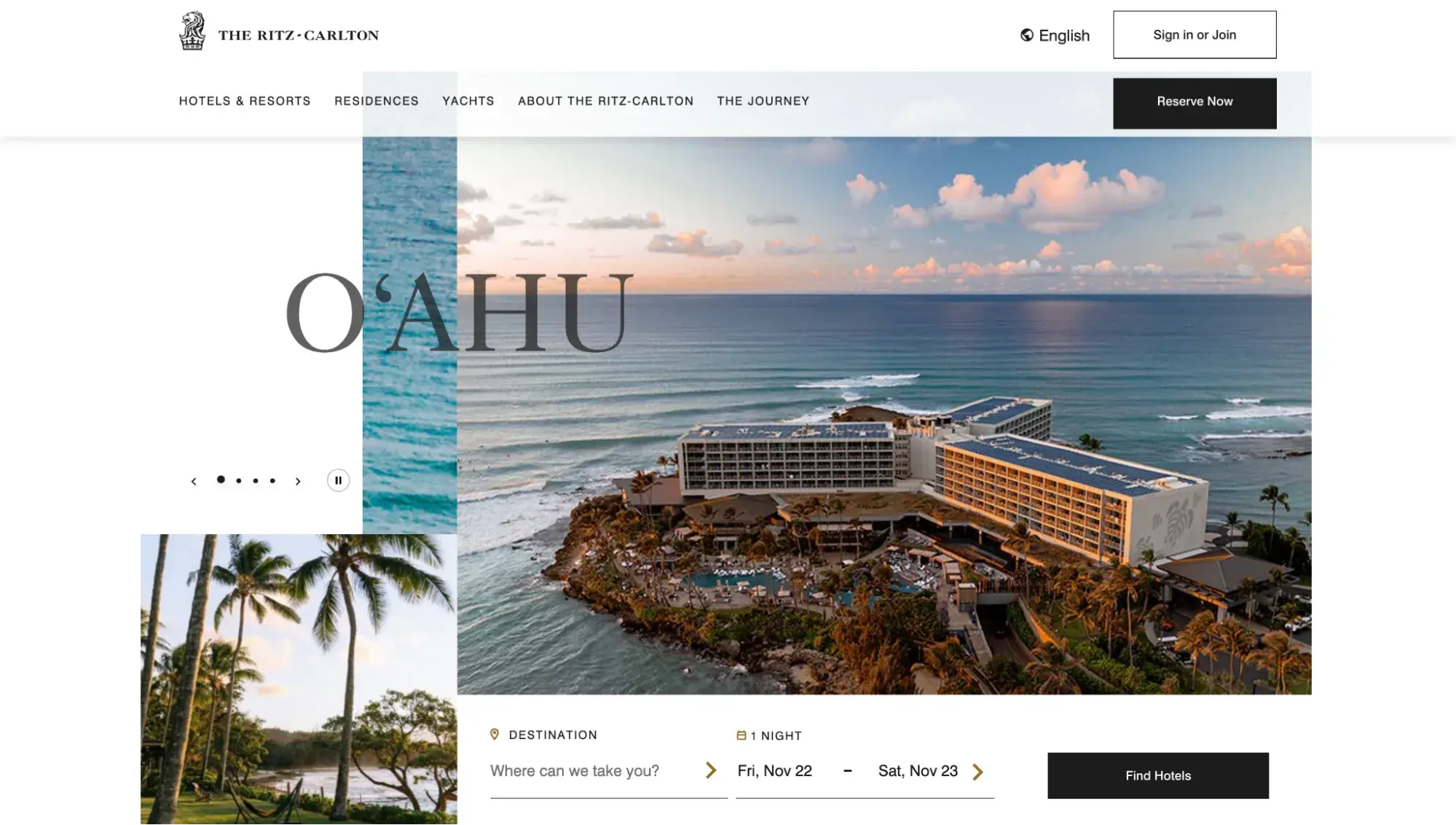 Luxury websites: Ritz Carlton’s homepage shows an O‘ahu hotel surrounded by water