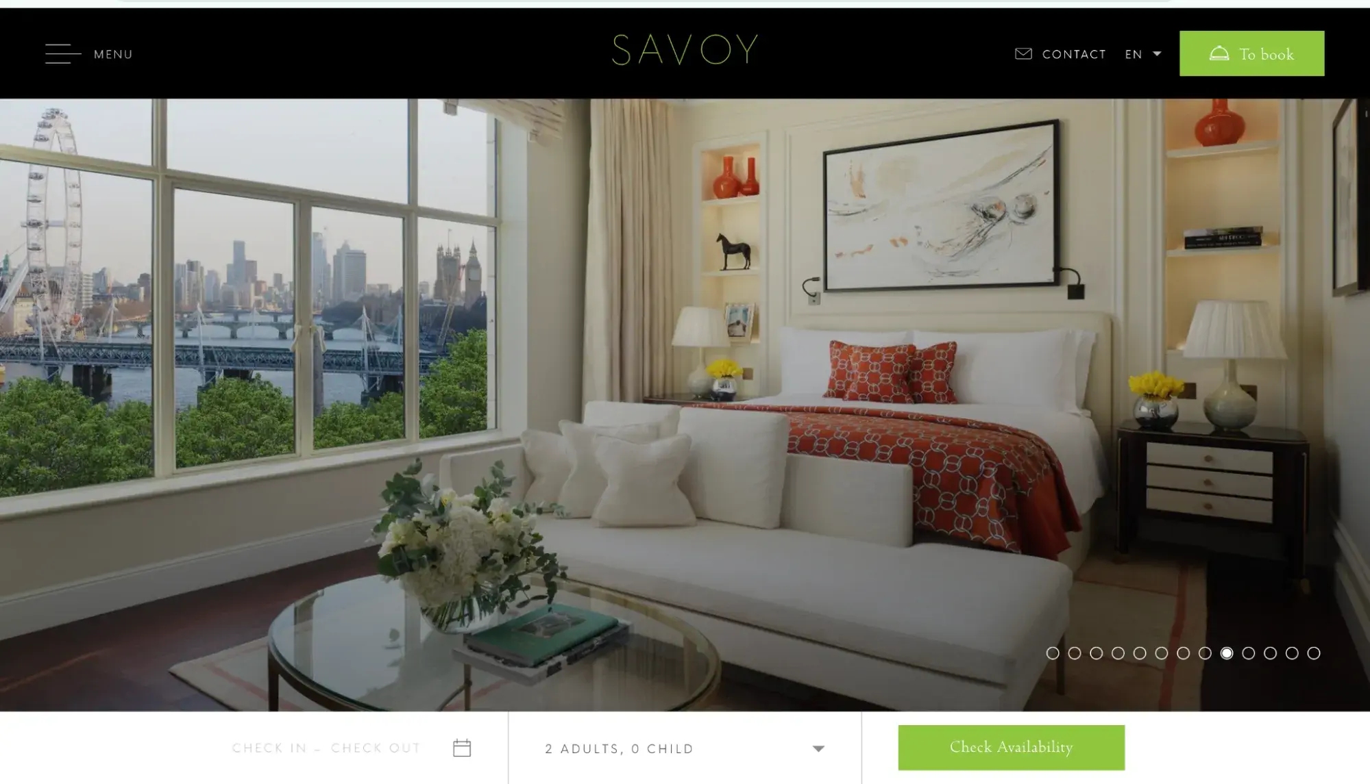 Luxury websites: The Savoy London website shows the interior of one of its rooms with a city view out of the window