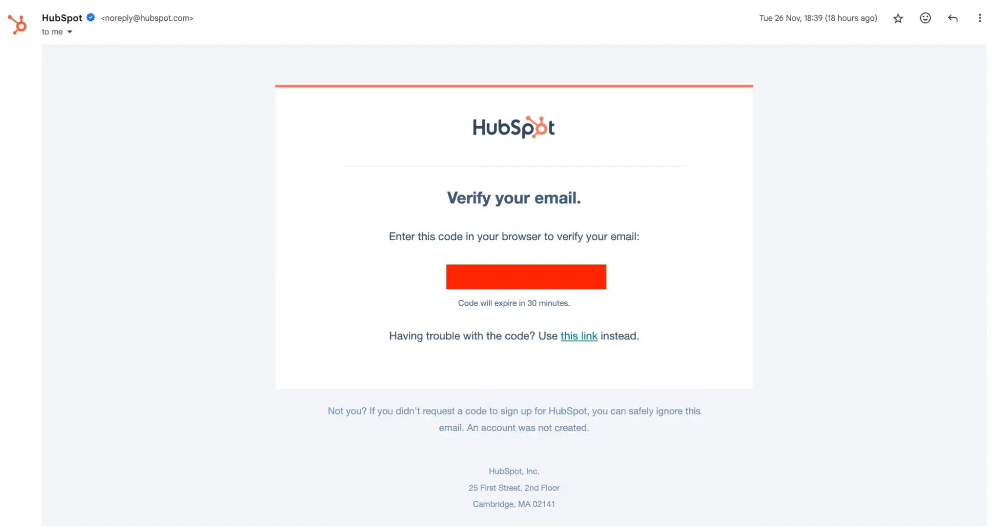 how to make a website with user accounts and profiles: a sample sign-up confirmation email from hubspot