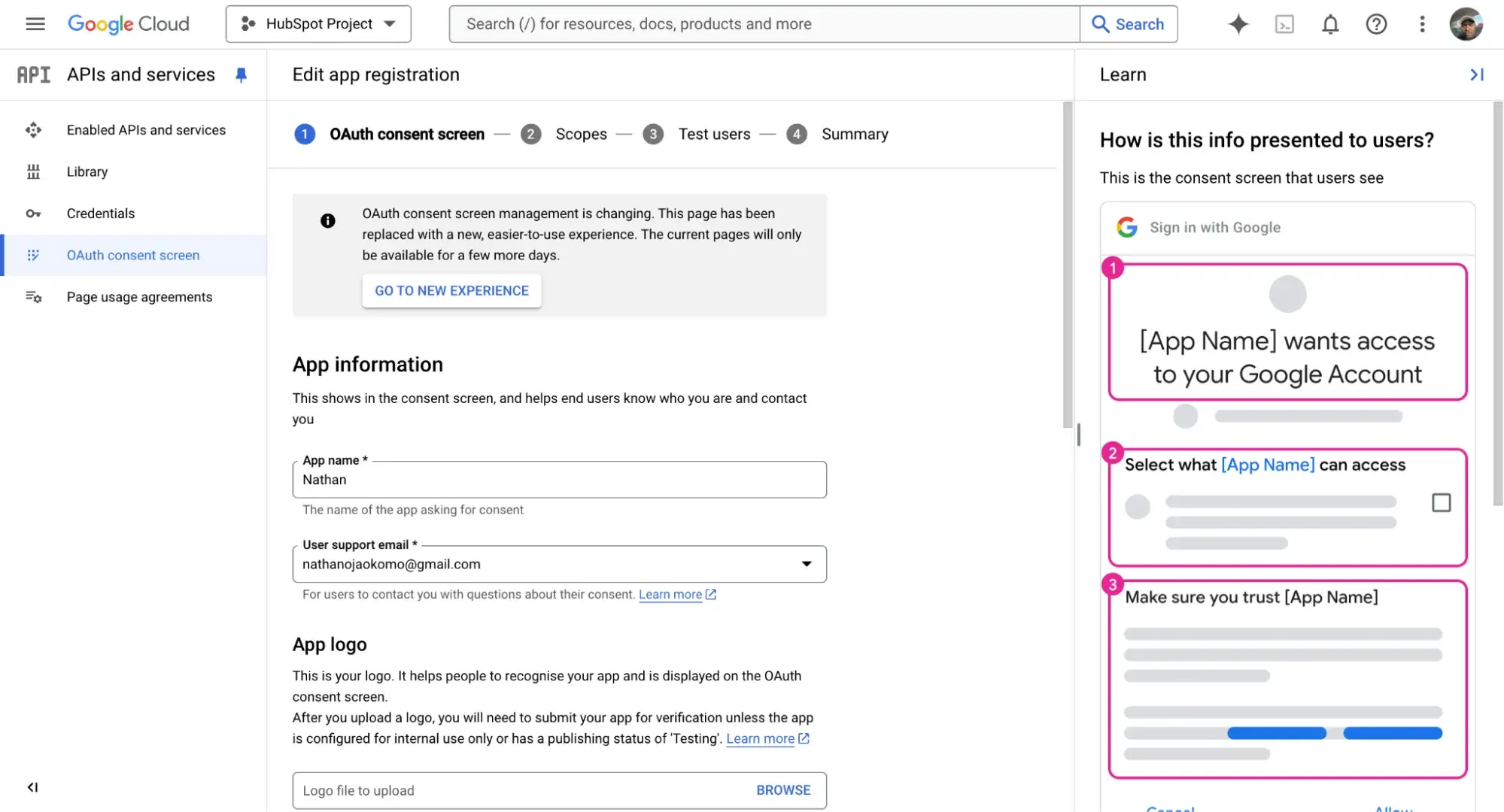 how to make a website with user accounts and profiles: editing app registration details on google cloud console