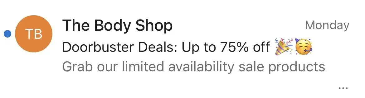  The Body Shop using numbers and statistics in an email subject line