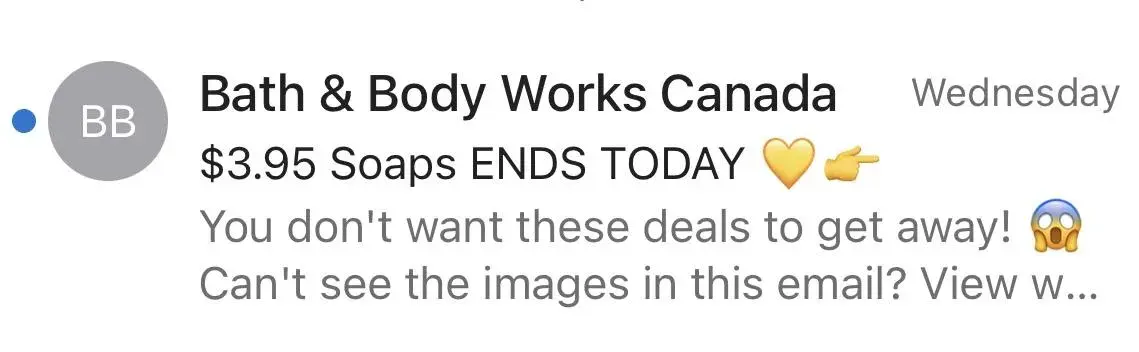   Bath & Body Works Canada using FOMO in an email subject line 