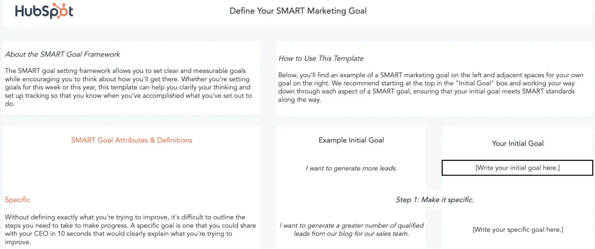 free Excel SMART goal template for your marketing plan