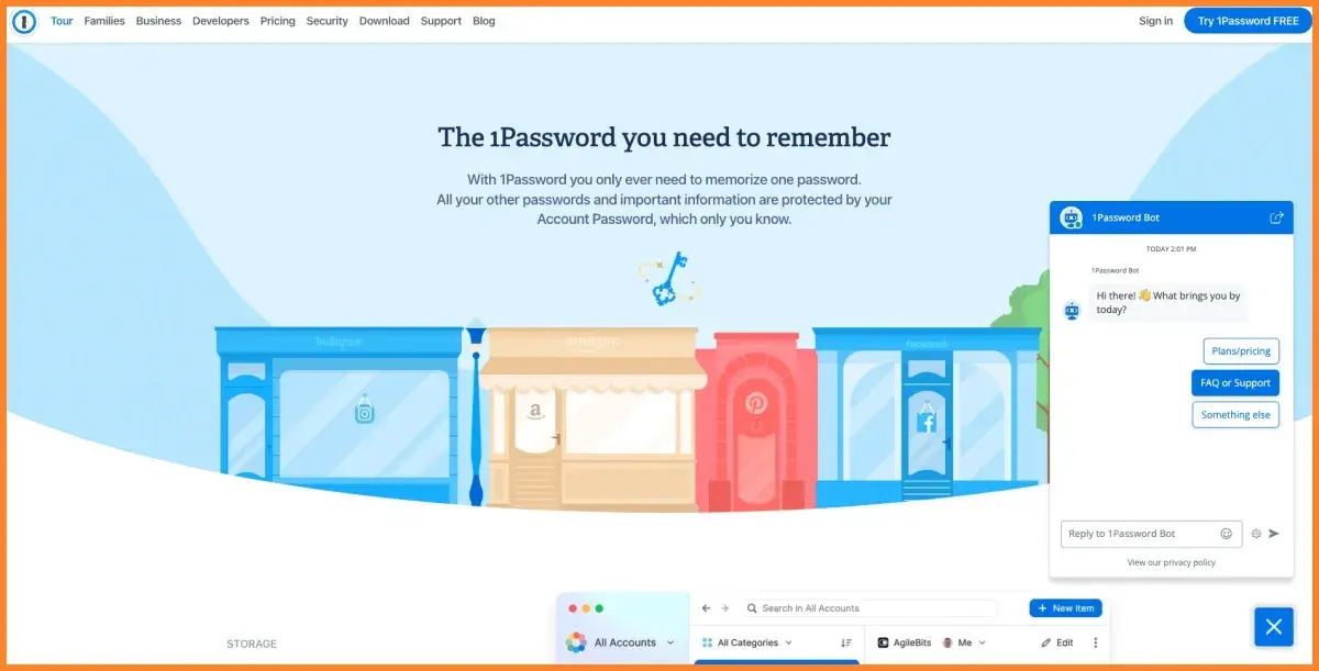 Drift chatbot integration on 1password site