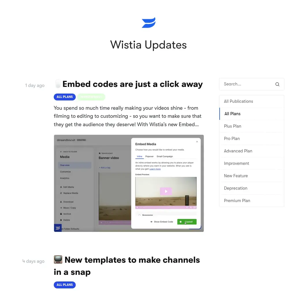 Screen cap of Wistia update.