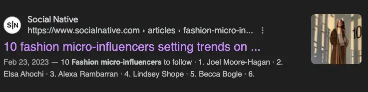 Micro-Influencer Marketing: Google search result for “fashion micro-influencers.”