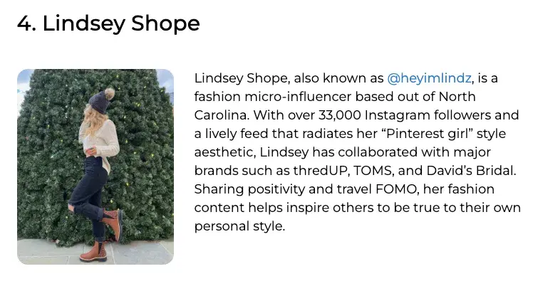 Micro-Influencer Marketing: Description of micro-influencer @heyimlindz.