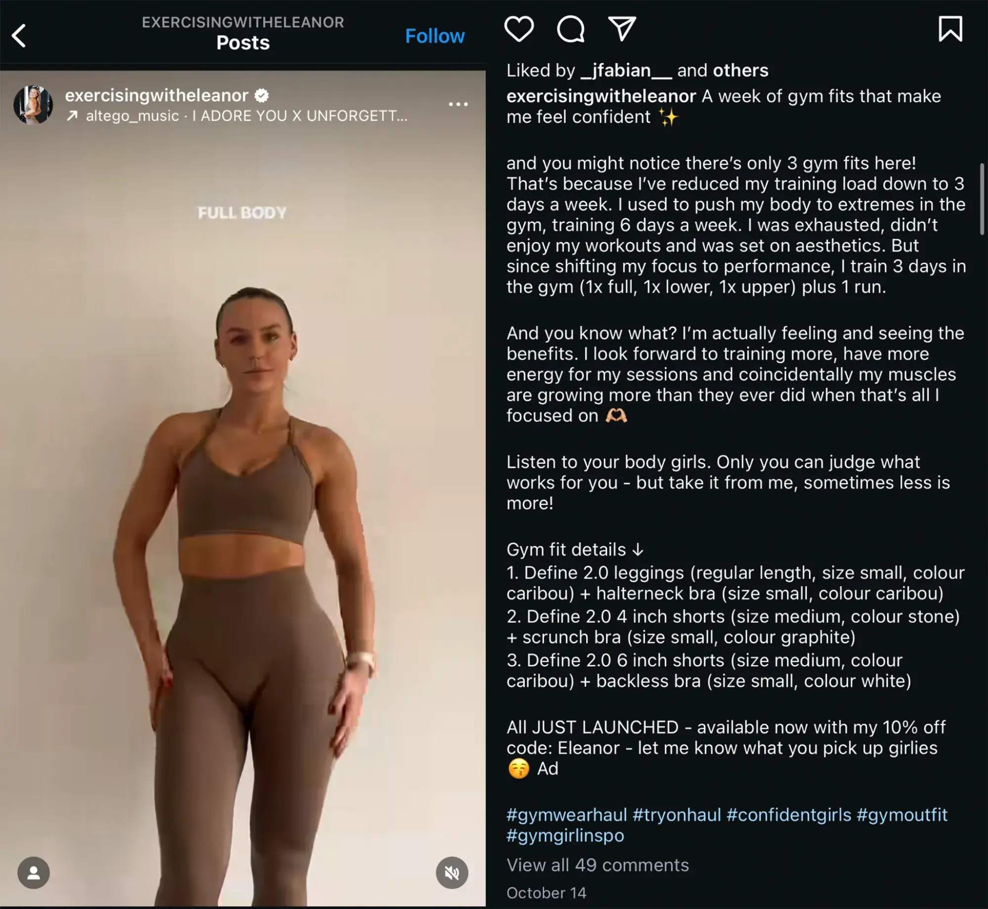 Micro-influencer sponsored post featuring a fitness clothing brand.