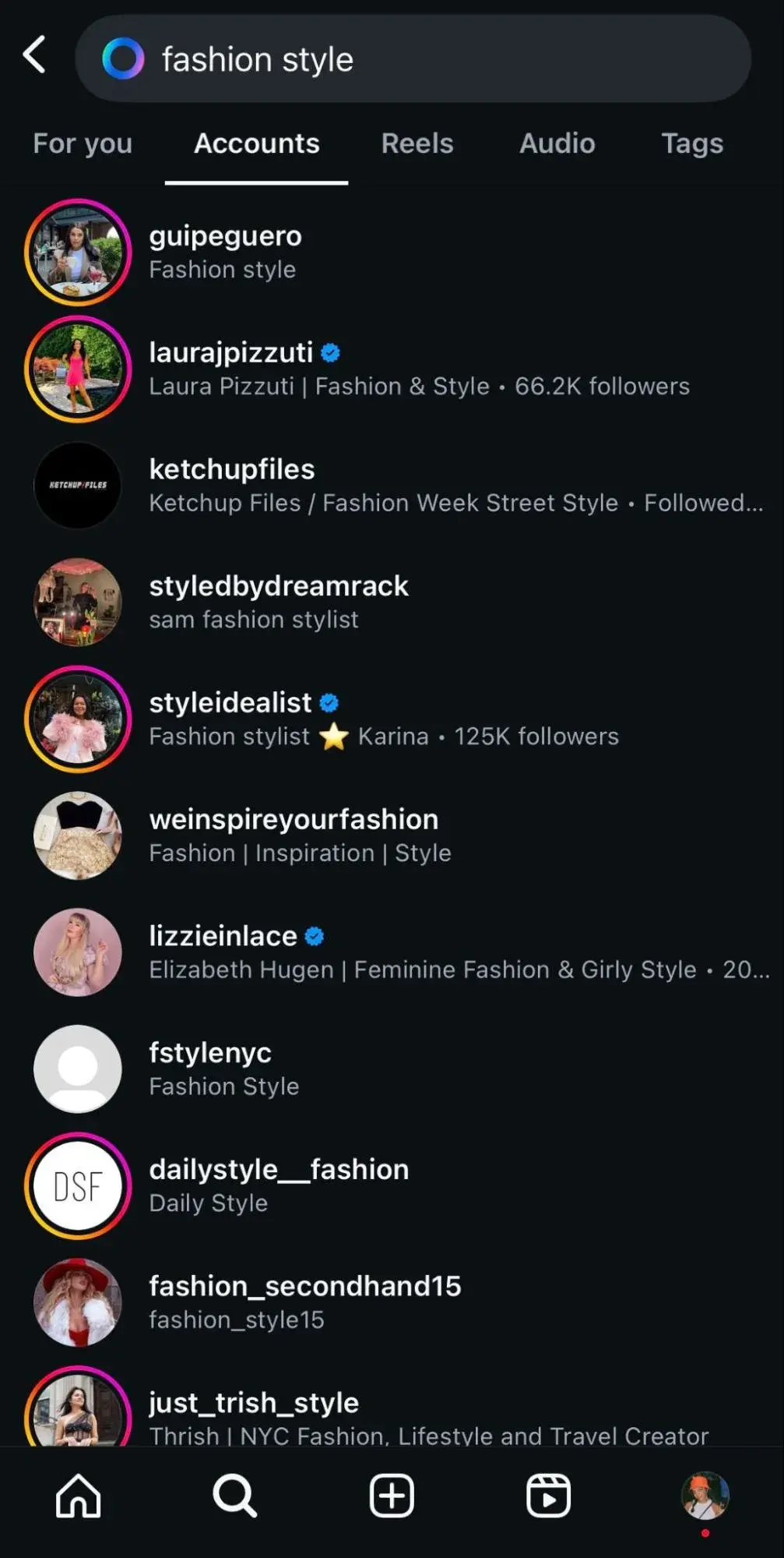 Micro influencer marketing: Results for “fashion style” searched on the Accounts tab on Instagram.