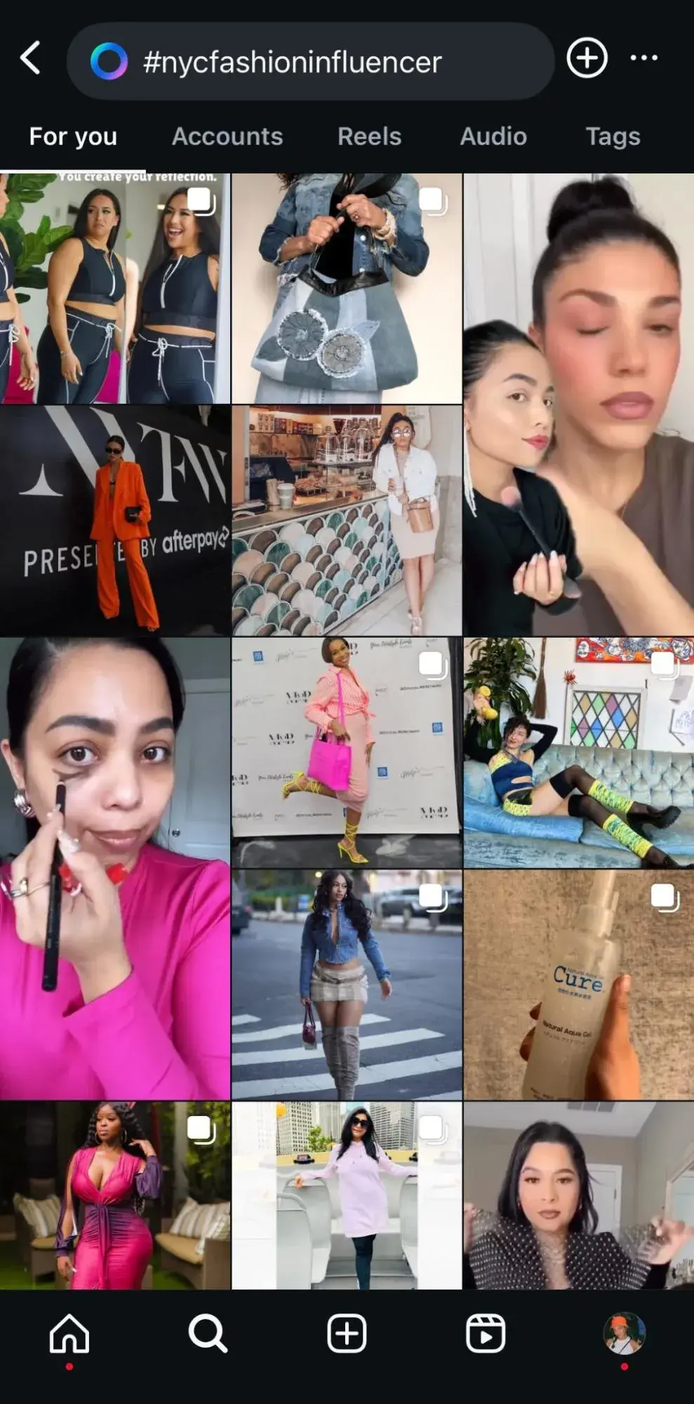 Micro-Influencer Marketing: Search results for #nycfashioninfluencer in the For You tab.