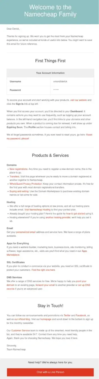 onboarding email example from namecheap