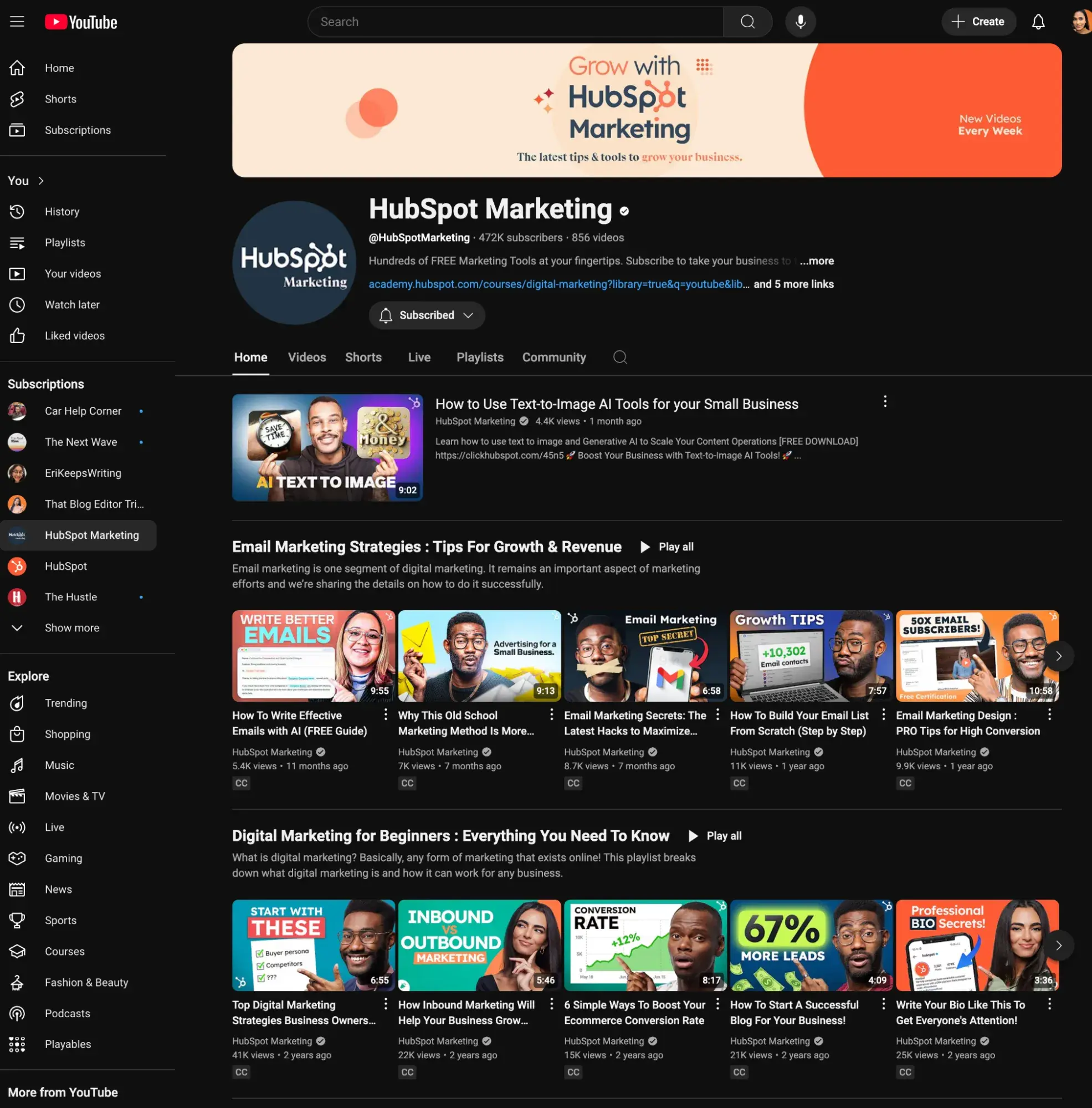 screenshot showing HubSpot's YouTube channel