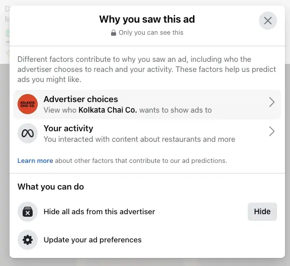 screenshot showing the "why am i seeing this ad?" popup on facebook for an ad from kolkata chai co