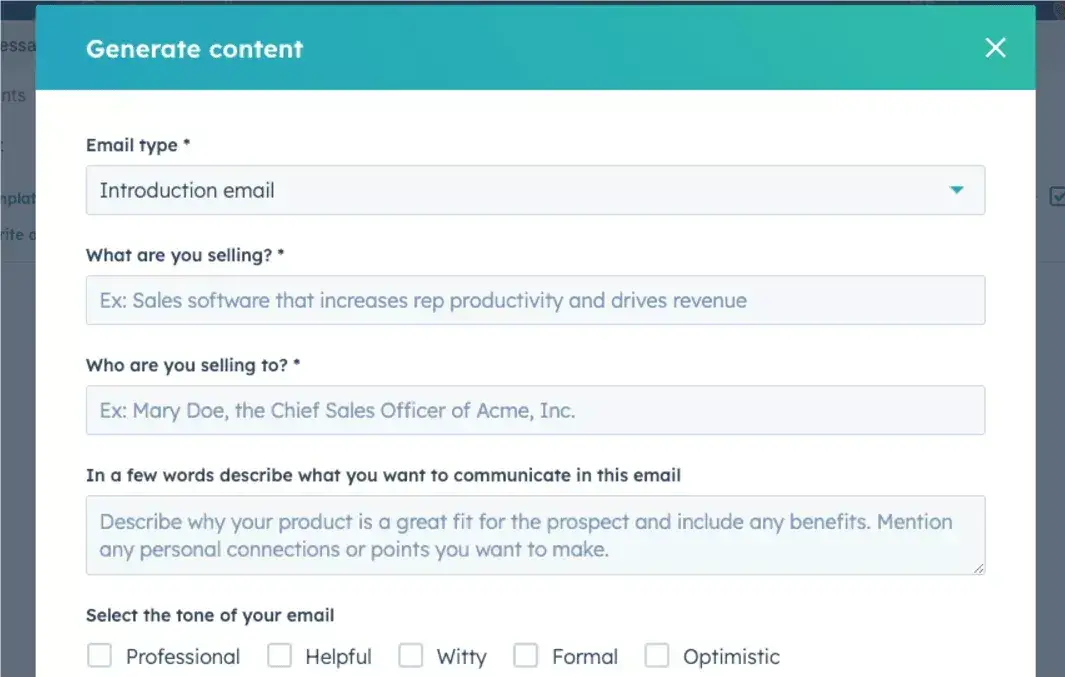 screenshot of the hubspot free ai content writer prompts for generating an email