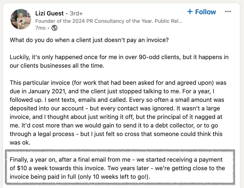 Lizi’s LinkedIn post about payment