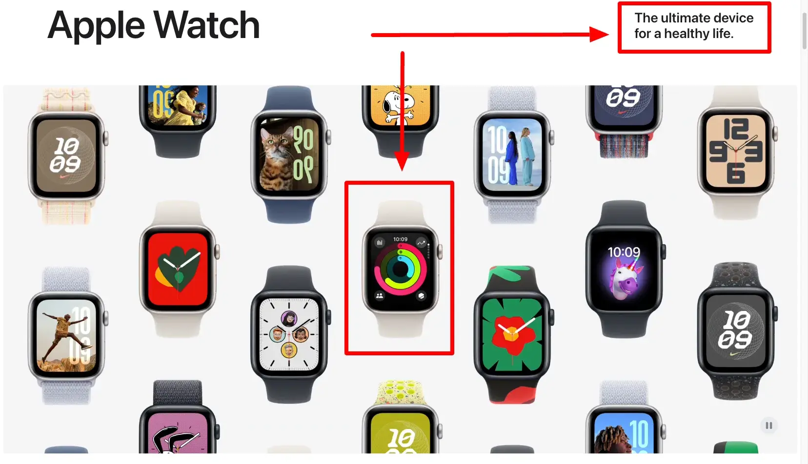 لقطة شاشة لموقع Apple Watch الذي يسلط الضوء على الرسائل الصحية