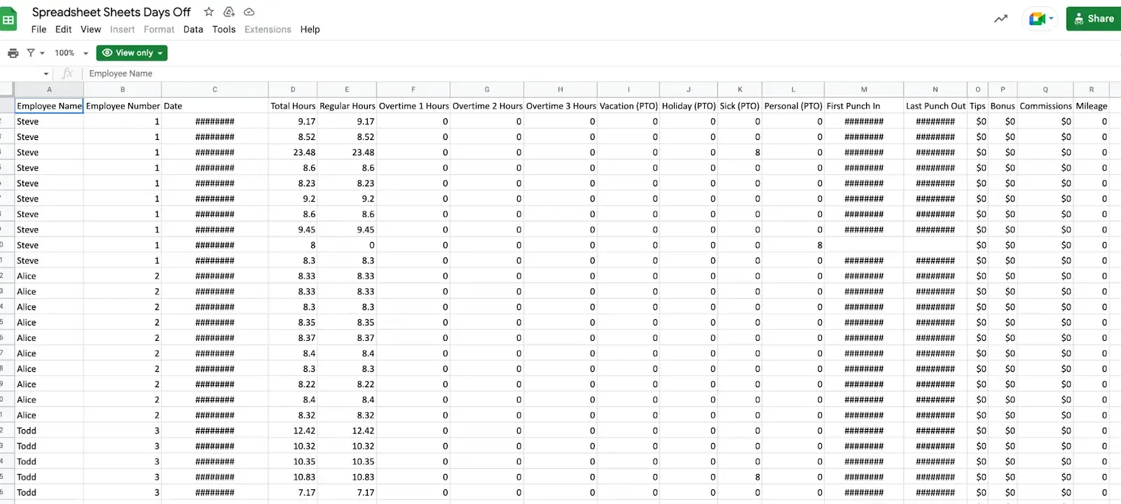 pivot table, pto tracker