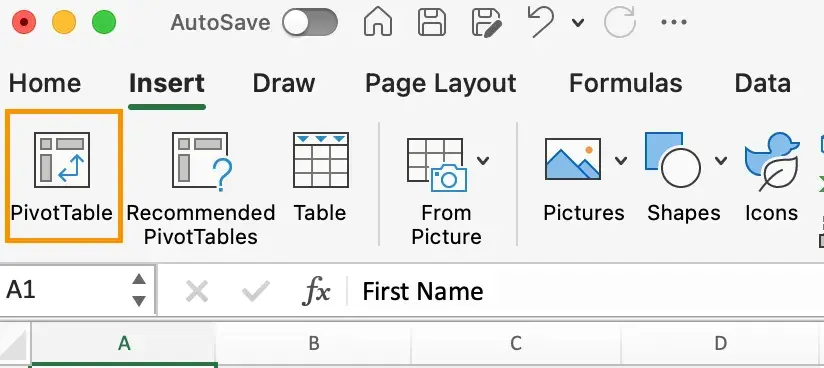 pivot table, insert pivot table