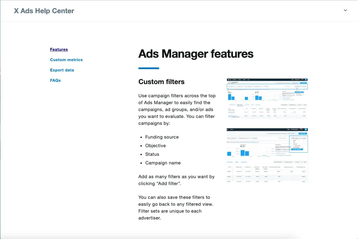 X Ads manager features custom filters and metrics.