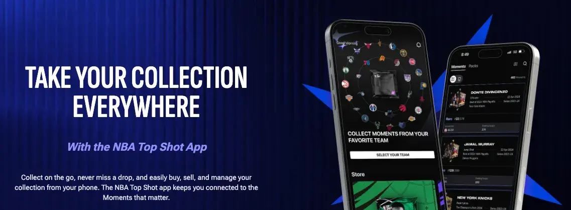 screenshot of nba top shop mobile app promoting the tagline take your collection everywhere, predicting customer behavior