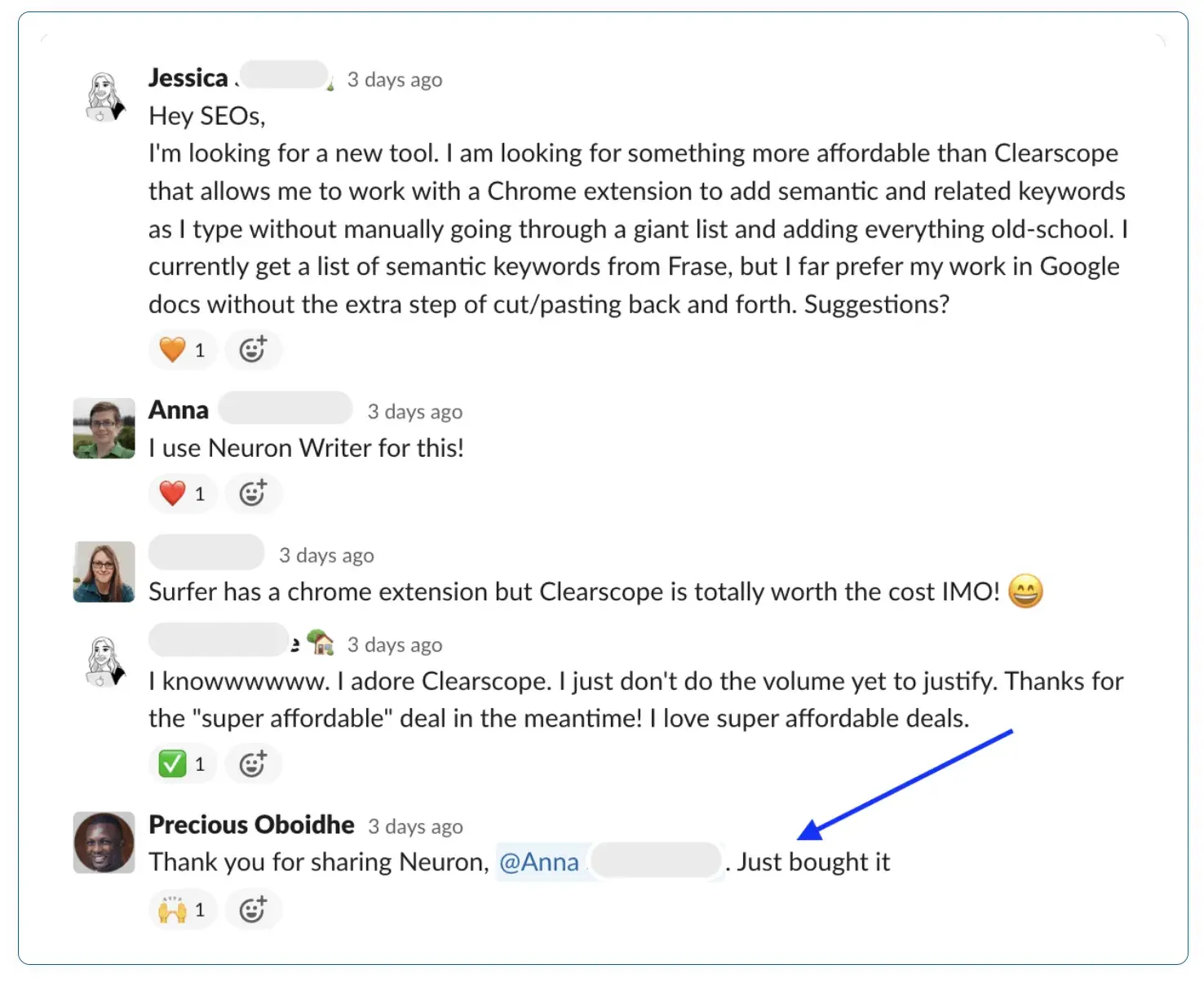 slack conversation about a content optimization software