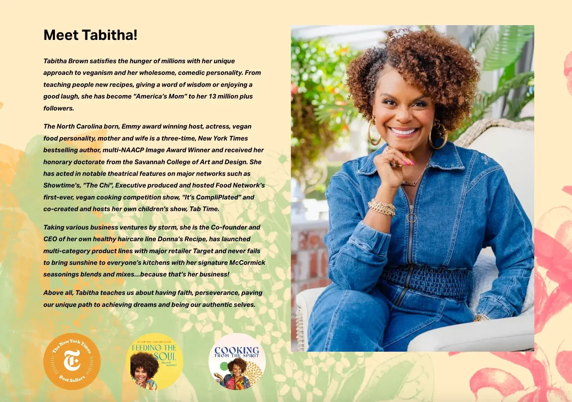 professional bio examples, tabitha brown, entrepreneur and author, personal website bio