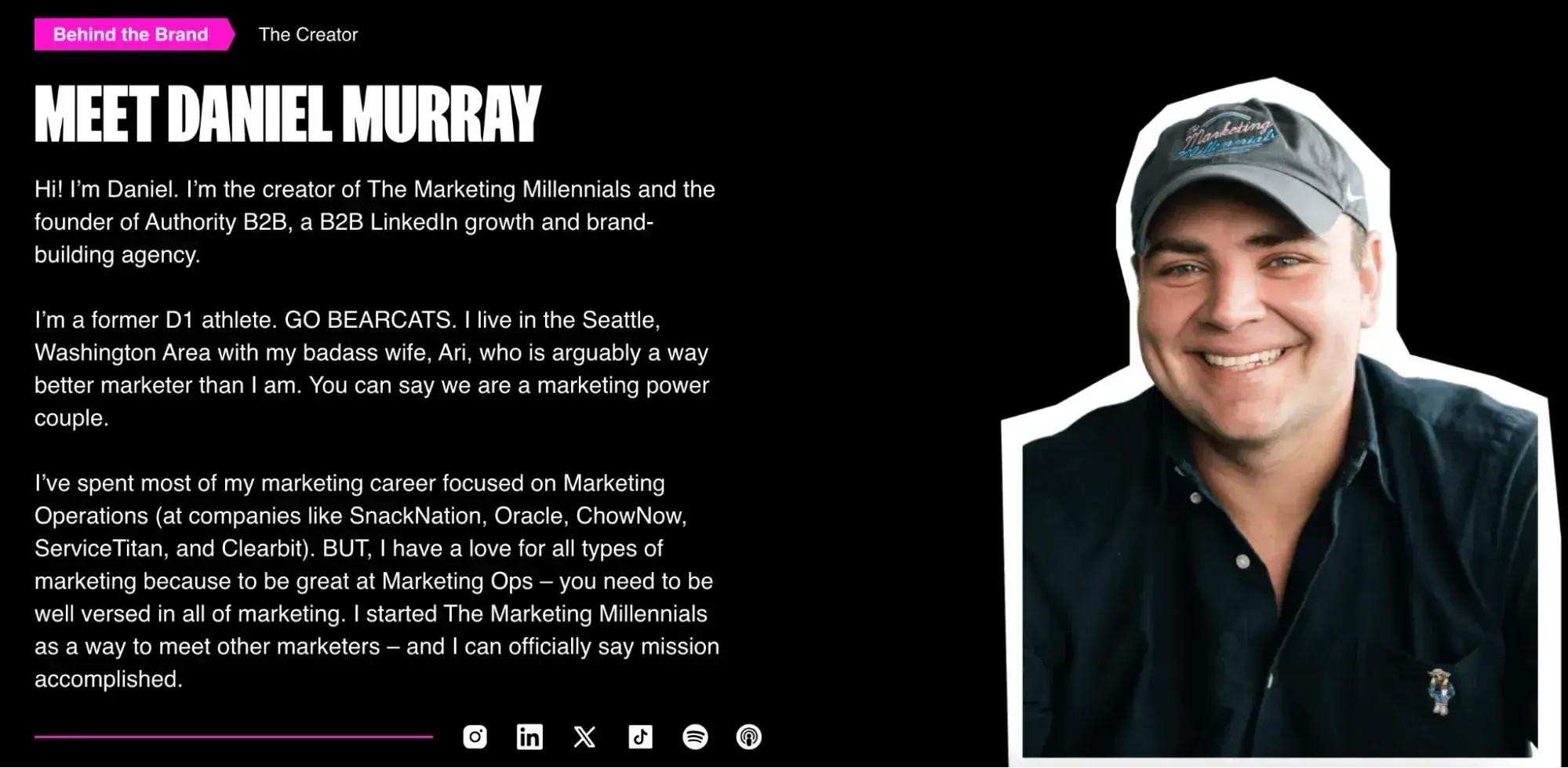 professional bio examples, daniel murray, founder and marketer, website homepage bio