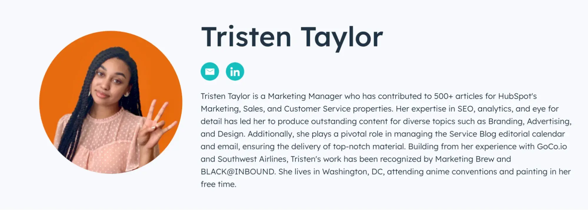 professional bio examples, Tristen Taylor, Marketing Manager and Blog Editor, blog author page bio