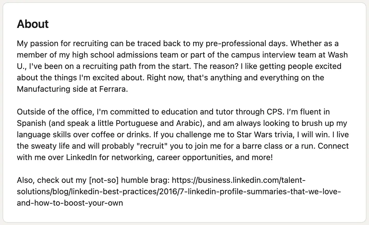 professional bio examples, Marie Mikhail, Professional Recruiter, LinkedIn bio