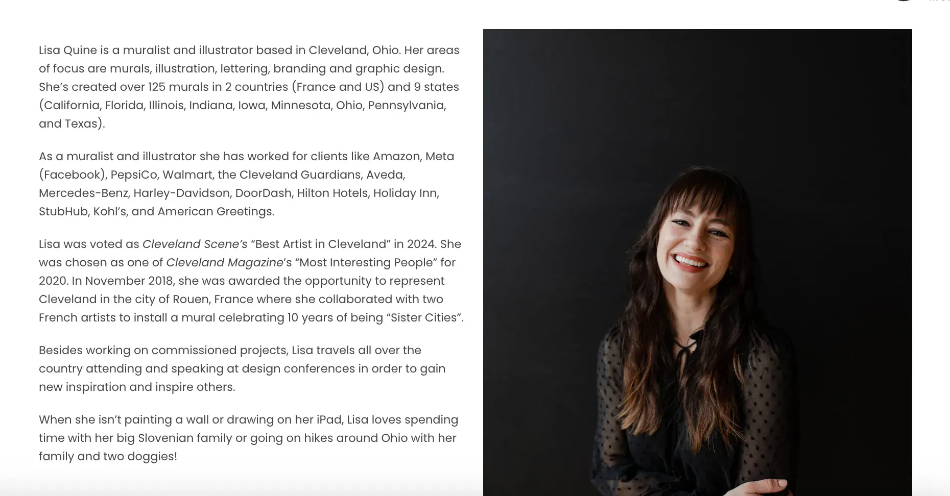 professional bio examples, Lisa Quine, Creative Consultant, portfolio website bio