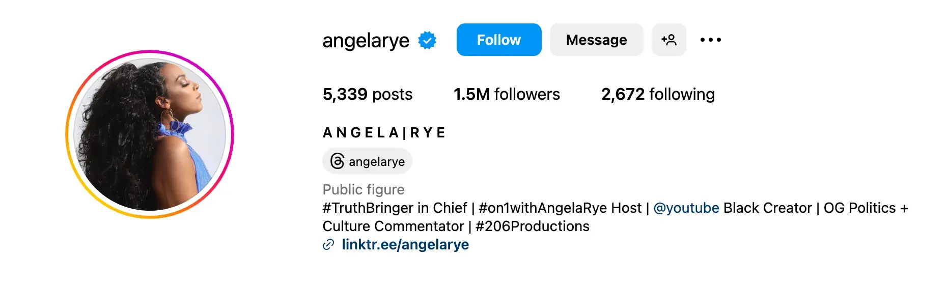 short professional bio examples, Angela Rye, Journalist and Entrepreneur, Instagram bio