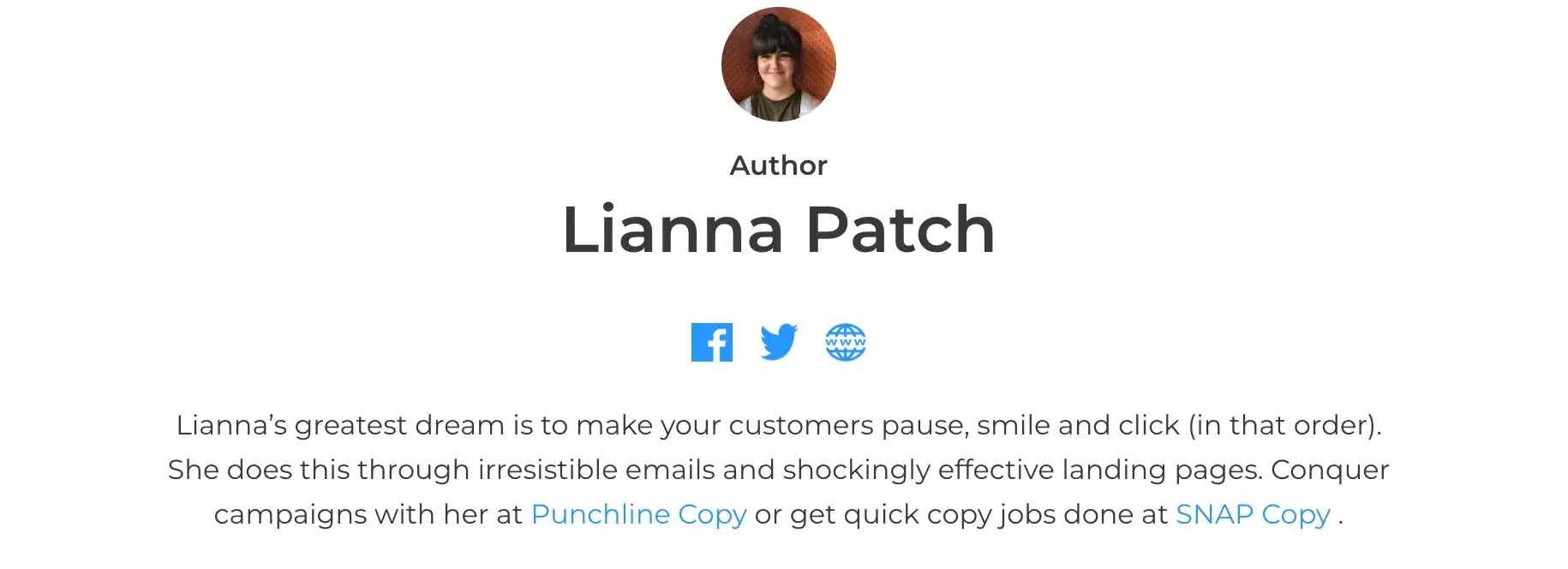 short professional bio examples, Lianna Patch, Copywriter, blog author bio