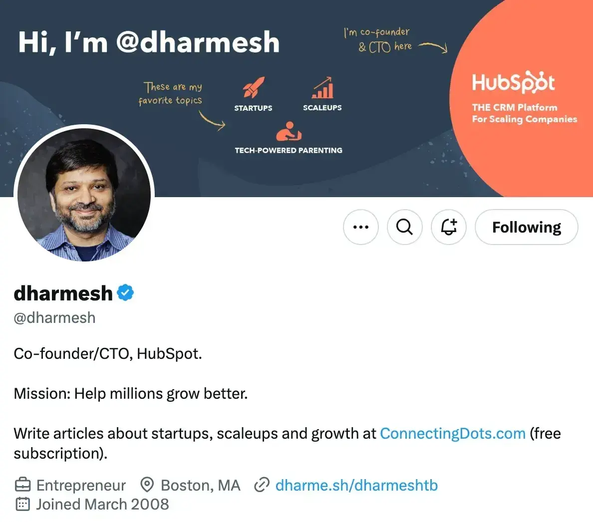 short professional bio examples, dharmesh shah, founder and cto, x bio