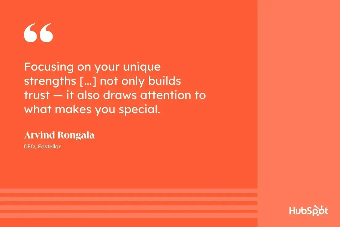 how to write a professional bio, quote graphic, focusing on your unique strengths [...] not only builds trust — it also draws attention to what makes you special, arvind rongala, ceo, edstellar