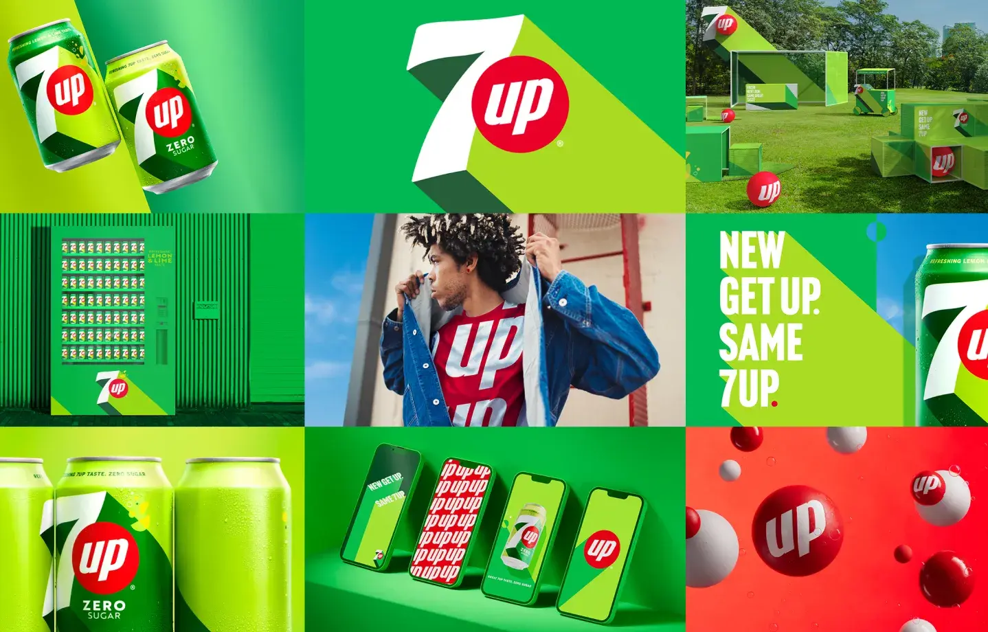 7UP’s new brand identity is showcased in this collage of images.