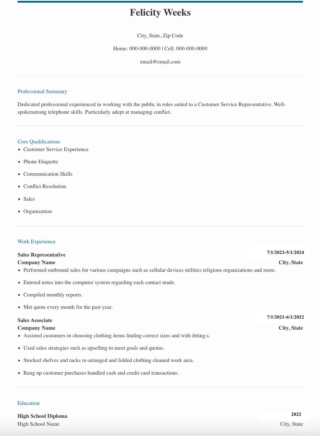 customer service resume example