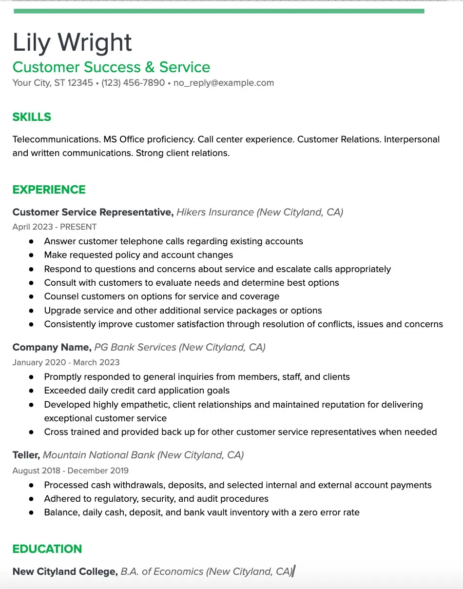 customer service resume example