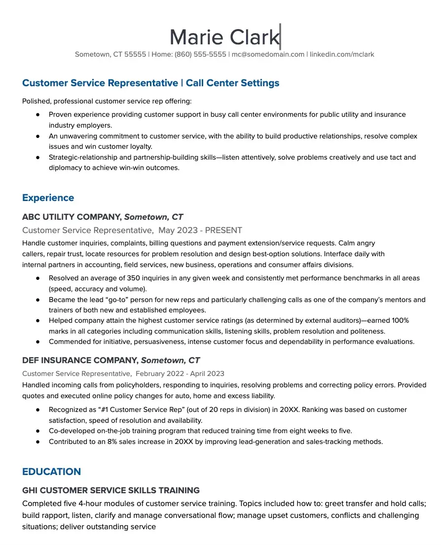 customer service resume example