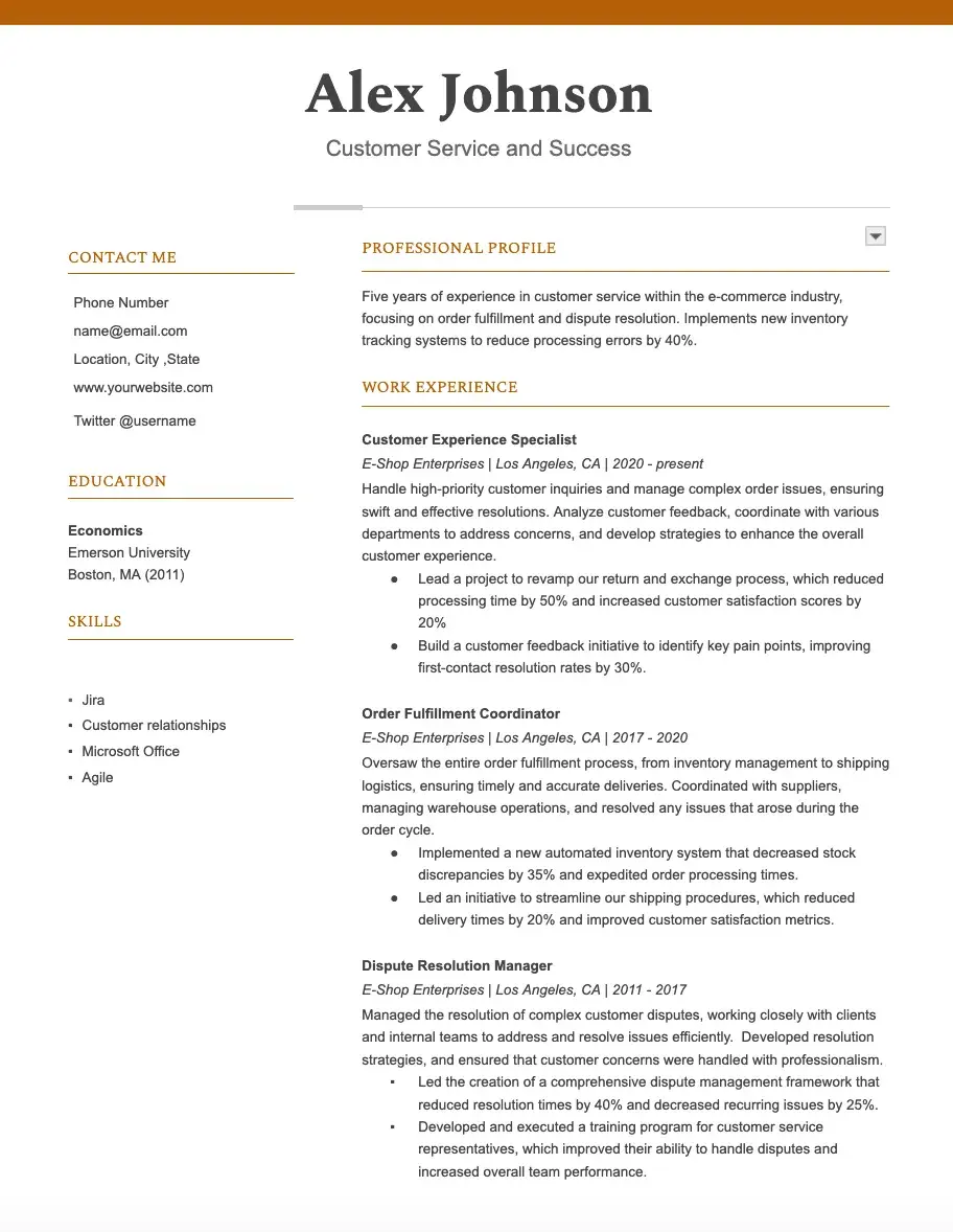 customer service resume example