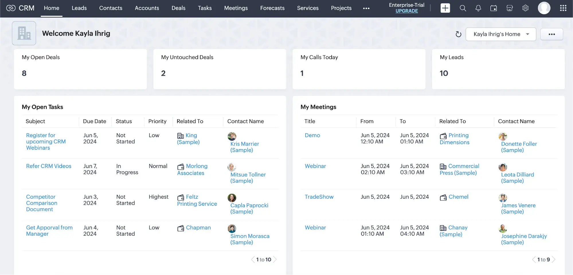 Zoho CRM dashboard screenshot